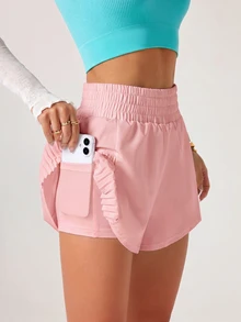 Easithlete Easithlete Women's Solid Color Elastic Waist Loose Pleated Sports Shorts - Pink - View 3