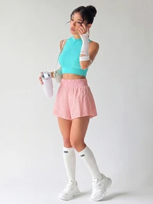 Easithlete Easithlete Women's Solid Color Elastic Waist Loose Pleated Sports Shorts - Pink - View 6
