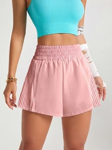 Easithlete Easithlete Women's Solid Color Elastic Waist Loose Pleated Sports Shorts - Pink - View 7