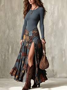 SHEIN Women's Vintage Bohemian Patchwork Printed Ribbed Long Sleeve Round Neck Split Top, Western Retro Colorblock Printed Flared Split Dress - Blue - View 3