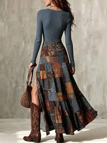 SHEIN Women's Vintage Bohemian Patchwork Printed Ribbed Long Sleeve Round Neck Split Top, Western Retro Colorblock Printed Flared Split Dress - Blue - View 2