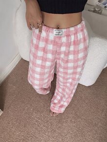 Napfluff Women's Flannel Patch Print Pajama Pants With Waistband Patch Decor - Pink - View 4