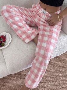 Napfluff Women's Flannel Patch Print Pajama Pants With Waistband Patch Decor - Pink - View 3