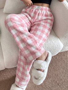 Napfluff Women's Flannel Patch Print Pajama Pants With Waistband Patch Decor - Pink - View 1