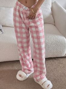 Napfluff Women's Flannel Patch Print Pajama Pants With Waistband Patch Decor - Pink - View 5