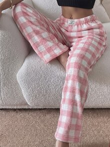 Napfluff Women's Flannel Patch Print Pajama Pants With Waistband Patch Decor - Pink - View 6