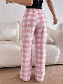 Napfluff Women's Flannel Patch Print Pajama Pants With Waistband Patch Decor - Pink - View 2