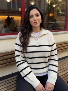 Dazy Plus Colorblock Striped Half-Button Front Loose Long Sleeve Pullover Sweater, Casual Autumn/Winter - Apricot - View 18
