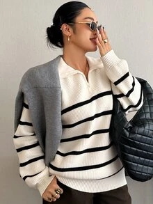 Dazy Plus Colorblock Striped Half-Button Front Loose Long Sleeve Pullover Sweater, Casual Autumn/Winter - Apricot - View 5