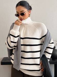 Dazy Plus Colorblock Striped Half-Button Front Loose Long Sleeve Pullover Sweater, Casual Autumn/Winter - Apricot - View 4