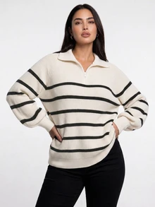 Dazy Plus Colorblock Striped Half-Button Front Loose Long Sleeve Pullover Sweater, Casual Autumn/Winter - Apricot - View 15