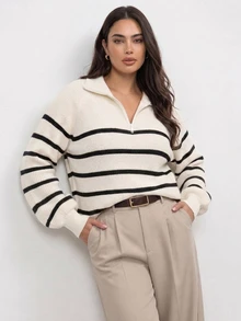 Dazy Plus Colorblock Striped Half-Button Front Loose Long Sleeve Pullover Sweater, Casual Autumn/Winter - Apricot - View 10