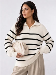 Dazy Plus Colorblock Striped Half-Button Front Loose Long Sleeve Pullover Sweater, Casual Autumn/Winter - Apricot - View 16