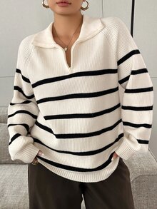 Dazy Plus Colorblock Striped Half-Button Front Loose Long Sleeve Pullover Sweater, Casual Autumn/Winter - Apricot - View 9