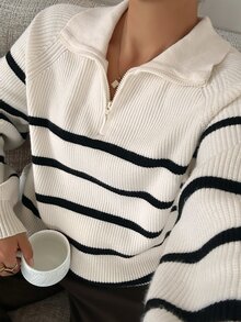 Dazy Plus Colorblock Striped Half-Button Front Loose Long Sleeve Pullover Sweater, Casual Autumn/Winter - Apricot - View 7