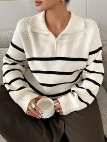 Dazy Plus Colorblock Striped Half-Button Front Loose Long Sleeve Pullover Sweater, Casual Autumn/Winter - Apricot - View 1