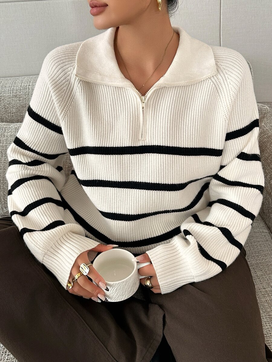 Dazy Plus Colorblock Striped Half-Button Front Loose Long Sleeve Pullover Sweater, Casual Autumn/Winter - Apricot - View 1