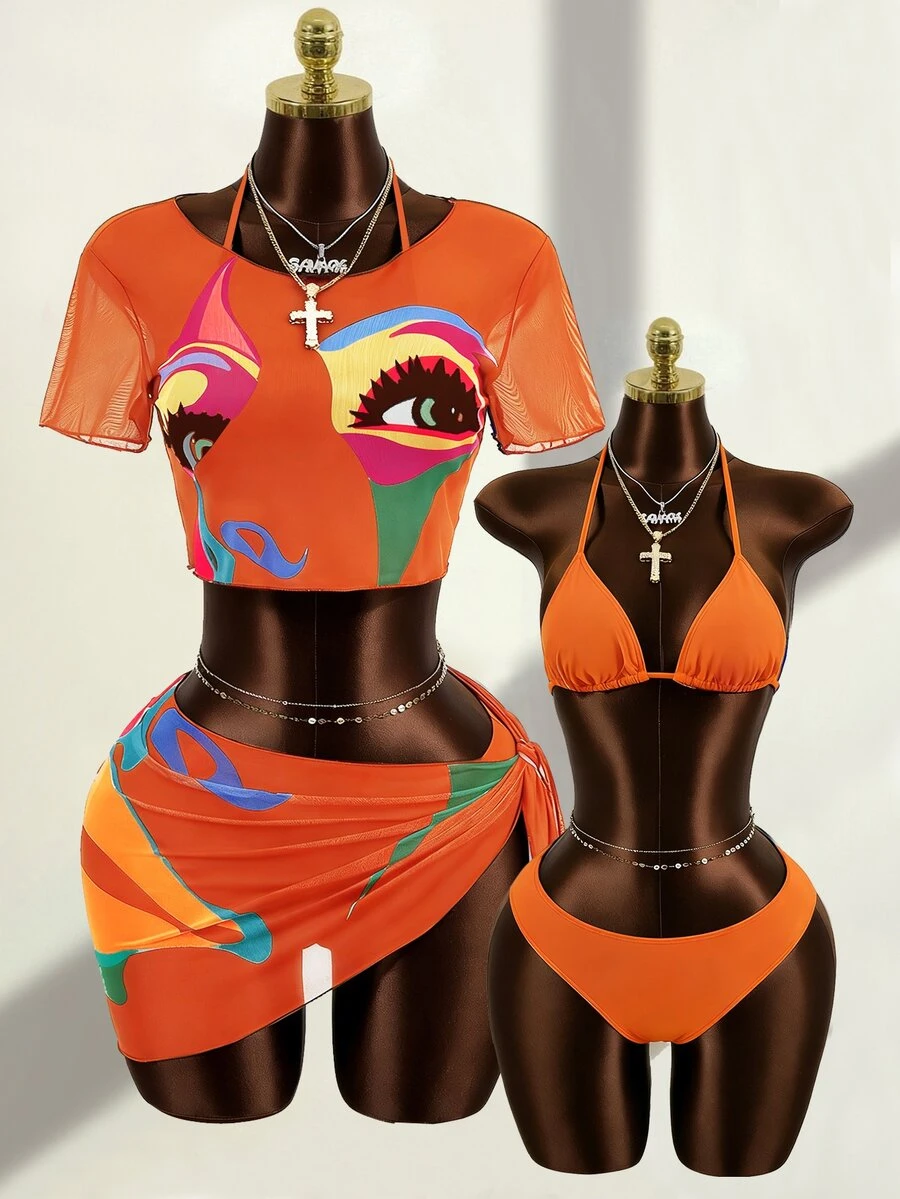 Zestiva 2026 New Retro Face Print Sexy Mesh 4-Piece Bikini Set Golf White Summer - Multicolor - View 1