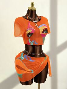 Zestiva 2026 New Retro Face Print Sexy Mesh 4-Piece Bikini Set Golf White Summer - Multicolor - View 3