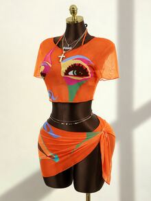 Zestiva 2026 New Retro Face Print Sexy Mesh 4-Piece Bikini Set Golf White Summer - Multicolor - View 5