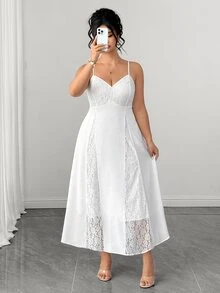 Elenzga Vestido blanco fluido con tirantes finos, escote en V, espalda descubierta y encaje en contraste para mujer, elegante para boda y madre de la novia, verano - Blanco - Ver 6