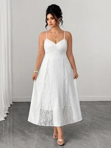 Elenzga Vestido blanco fluido con tirantes finos, escote en V, espalda descubierta y encaje en contraste para mujer, elegante para boda y madre de la novia, verano - Blanco - Ver 4