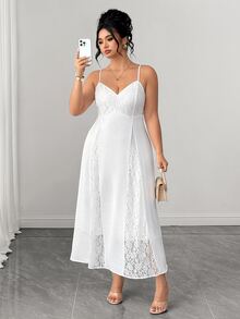 Elenzga Vestido blanco fluido con tirantes finos, escote en V, espalda descubierta y encaje en contraste para mujer, elegante para boda y madre de la novia, verano - Blanco - Ver 5