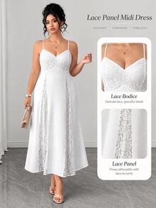 Elenzga Vestido blanco fluido con tirantes finos, escote en V, espalda descubierta y encaje en contraste para mujer, elegante para boda y madre de la novia, verano - Blanco - Ver 1