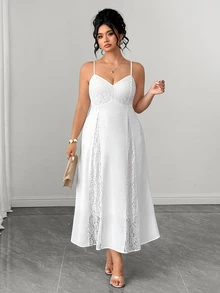 Elenzga Vestido blanco fluido con tirantes finos, escote en V, espalda descubierta y encaje en contraste para mujer, elegante para boda y madre de la novia, verano - Blanco - Ver 3