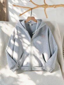 SHEIN Sparklyn 女童秋冬連帽運動外套，淺灰色胸前小粉色蝴蝶結印花，簡約優雅，前袋鼠口袋，寬鬆休閒版型，全開襟拉鍊，穿脫方便，適合日常上學與休閒外出，百搭風格 - 灰色 - 查看 4