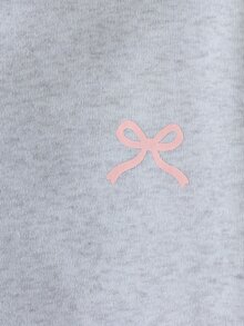 SHEIN Sparklyn 女童秋冬連帽運動外套，淺灰色胸前小粉色蝴蝶結印花，簡約優雅，前袋鼠口袋，寬鬆休閒版型，全開襟拉鍊，穿脫方便，適合日常上學與休閒外出，百搭風格 - 灰色 - 查看 5