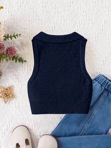 SHEIN Young Girl Solid Color Sleeveless Knit Vest Autumn Fall - Navy Blue - View 2