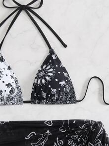 SHEIN Swim 女款掛脖三角比基尼套裝和佩斯利印花罩衫裙,適合夏季海灘度假 - 黑與白 - 查看 4