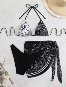 SHEIN Swim 女款掛脖三角比基尼套裝和佩斯利印花罩衫裙,適合夏季海灘度假 - 黑與白 - 查看 1