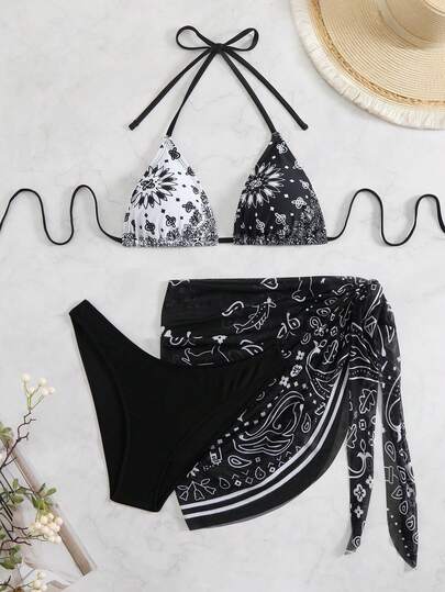 SHEIN Swim Women Halter Neck Triangle Bikini Set & Cover-Up Skirt With Paisley Print For Summer Beach Vacation