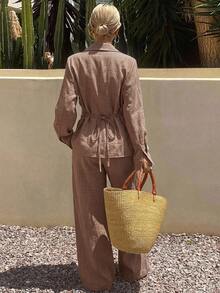 DAZY Women's Autumn Solid Color Pleated Shirt And Loose Wide Leg Pants Casual Elegant Minimalism Set Brunch Vacation Dusty Rose - Khaki - View 2