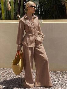DAZY Women's Autumn Solid Color Pleated Shirt And Loose Wide Leg Pants Casual Elegant Minimalism Set Brunch Vacation Dusty Rose - Khaki - View 5