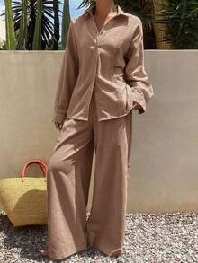 DAZY Women's Autumn Solid Color Pleated Shirt And Loose Wide Leg Pants Casual Elegant Minimalism Set Brunch Vacation Dusty Rose - Khaki - View 4