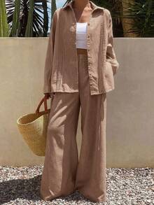 DAZY Women's Autumn Solid Color Pleated Shirt And Loose Wide Leg Pants Casual Elegant Minimalism Set Brunch Vacation Dusty Rose - Khaki - View 3