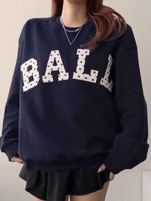 DAZY Women's Letter Patchwork Crew Neck Drop Shoulder Long Sleeve Casual Sweatshirt Fall - Blue - View 3