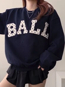 DAZY Women's Letter Patchwork Crew Neck Drop Shoulder Long Sleeve Casual Sweatshirt Fall - Blue - View 2
