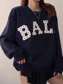 DAZY Women's Letter Patchwork Crew Neck Drop Shoulder Long Sleeve Casual Sweatshirt Fall - Blue - View 4