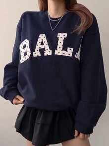 DAZY Women's Letter Patchwork Crew Neck Drop Shoulder Long Sleeve Casual Sweatshirt Fall - Blue - View 1