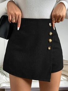 SHEIN Button Detail Wrap Skort - Black - View 7