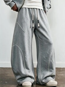 STEELVANCE Men's Baggy Curved Barrel Sweatpants, Wide Leg Drawstring , Y2K Streetwear Contrast Piping Trousers - Light Grey - View 7