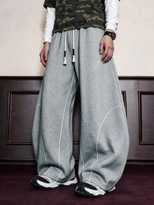 STEELVANCE Men's Baggy Curved Barrel Sweatpants, Wide Leg Drawstring , Y2K Streetwear Contrast Piping Trousers - Light Grey - View 4
