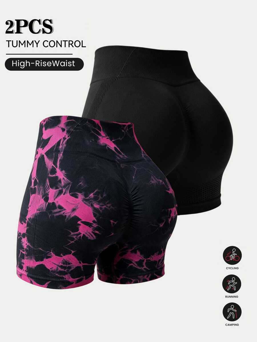 SHEIN 2件組女款黑色紮染玫瑰紅無縫針織短褲 瑜伽跑步單車健身戶外休閒穿著 春夏秋冬皆適 新熱銷款 - 彩色 - 查看 1