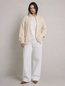Dazy Plus Sweater Kardigan Rajut Kasual Longgar Warna Polos Ukuran Besar dengan Resleting, Atasan Lengan Panjang Musim Gugur/Dingin - Aprikot - View 13