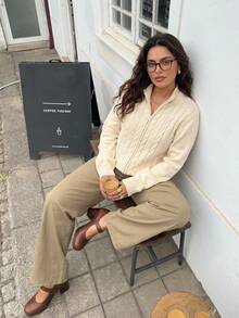 Dazy Plus Sweater Kardigan Rajut Kasual Longgar Warna Polos Ukuran Besar dengan Resleting, Atasan Lengan Panjang Musim Gugur/Dingin - Aprikot - View 10