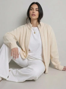 Dazy Plus Sweater Kardigan Rajut Kasual Longgar Warna Polos Ukuran Besar dengan Resleting, Atasan Lengan Panjang Musim Gugur/Dingin - Aprikot - View 11